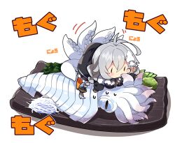 1girl absurdres animal antenna_hair black_dress black_jacket black_shoes braid breasts brown_eyes chibi commentary_request dress eating food food_request grey_hair hair_between_eyes highres jacket kizuna_akari large_breasts long_hair low_twintails milkpanda orange_pantyhose pantyhose shadow shirt shoes simple_background solo squid striped_clothes striped_pantyhose sweat translation_request twin_braids twintails vertical-striped_clothes vertical-striped_pantyhose very_long_hair voiceroid white_background white_shirt |_|