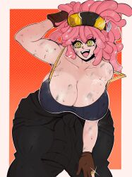 Rule 34 | 1girl, abuhashbrown, bare shoulders, boku no hero academia, breasts, cleavage, crosshair pupils, dirty, dirty face, dreadlocks, gloves, goggles, goggles on head, hatsume mei, highres, huge breasts, jewelry, jumpsuit, jumpsuit around waist, leaning forward, long hair, open mouth, pink hair, ring, simple background, sleeveless, smile, solo, sweat, symbol-shaped pupils, tank top, unusual pupils, very long hair, wedding ring, yellow eyes