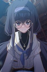 1girl 1other bags_under_eyes black_hair blue_archive blue_eyes blue_neckerchief book bookshelf cardigan chromatic_aberration commentary girl_on_top glasses hair_between_eyes hairband halo highres jewelry library light_blush long_hair long_sleeves looking_at_viewer neckerchief necklace panties_visible_through_clothes pantyhose pov purple_eyes pursed_lips round_eyewear school_uniform serafuku straddling sweat turtleneck ui_(blue_archive) very_long_hair xaiqi