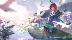 1girl absurdres bare_shoulders bird canoe ciaccona_(wuthering_waves) closed_mouth commentary dress ggoc_ill green_eyes green_jacket highres holding holding_instrument instrument jacket musical_note outdoors pointy_ears red_hair short_hair sitting smile soaking_feet solo tacet_mark_(wuthering_waves) thighs tree_horns water white_bird white_dress wuthering_waves