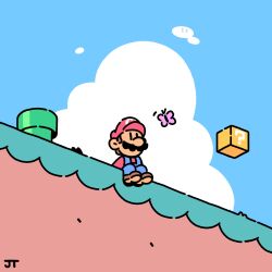 1boy ?_block block_(mario) blue_overalls blue_sky brown_hair brown_shoes bug butterfly chibi chibi_only cloud commentary day english_commentary facial_hair full_body hat highres insect james_turner male_focus mario mario_(series) mustache nintendo on_ground outdoors overalls pink_butterfly red_hat red_shirt shirt shoes short_hair signature sitting sky solo super_mario_world warp_pipe