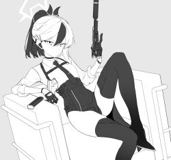 1girl alternate_costume blue_archive boots choker collared_shirt fataaa gloves gun halo handgun high-waist_skirt highres holding holding_gun holding_weapon horns kayoko_(blue_archive) magazine_(weapon) monochrome multicolored_hair necktie ponytail shirt skirt solo streaked_hair suppressor thigh_boots weapon