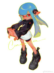 1girl absurdres black_boots black_shorts blue_hair boots border commission creamyghost earrings full_body green_border highres inkling inkling_girl inkling_player_character interlocked_fingers jacket jewelry long_hair long_sleeves nintendo pointy_ears red_eyes shorts splatoon_(series) tentacle_hair