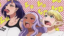 3girls animated animated_gif anime_screenshot blonde_hair elf elf-san_wa_yaserarenai. elfuda_(elf-san_wa_yaserarenai.) green_eyes horns kuroeda_(elf-san_wa_yaserarenai.) licking looking_up looping_animation multiple_girls oga_(elf-san_wa_yaserarenai.) ogre pointy_ears purple_hair red_eyes tongue tongue_out yellow_eyes