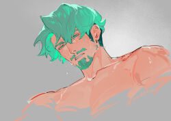 Rule 34 | 1boy, beard, blush, challia bull, commentary, english commentary, facial hair, green eyes, green hair, grey background, gundam, gundam gquuuuuux, highres, implied sex, long sideburns, looking down, male focus, mature male, mixed-language commentary, muscular, muscular male, mustache, nomaumona, parted lips, pectoral cleavage, pectorals, short hair, sideburns, simple background, solo, sweat, upper body