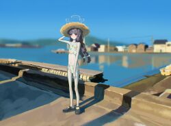 1girl bikini black_footwear black_hair blue_archive braid crocs hair_between_eyes hand_on_headwear hat highres leaf_print medamayaki27760 miyu_(blue_archive) miyu_(swimsuit)_(blue_archive) red_eyes shore sidelocks skyline straw_hat swimsuit twin_braids twintails white_bikini