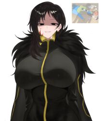 Rule 34 | 1girl, absurdres, asymmetrical hair, binah (project moon), black coat, black dress, black eyes, black hair, blonde hair, blood, blood on face, breasts, coat, dress, earrings, fur-trimmed coat, fur trim, grin, highres, huge breasts, jewelry, library of ruina, looking at viewer, looking down, meme, mole, mole under eye, multicolored hair, open mouth, pmlbtmlorlc, project moon, shaded face, simple background, smile, solo, streaked hair, white background