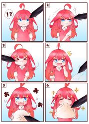 !? &gt;_&lt; +_+ 1girl :i :t ^^^ ^_^ absurdres ahoge ahoge_wag steamed_bun blue_background blue_eyes blush cheek_poking closed_eyes closed_mouth collared_shirt comic commentary drawing drooling eating expressive_hair food food_in_mouth frown go-toubun_no_hanayome hair_ornament happy highres holding holding_food index_finger_raised long_hair looking_at_another meta motion_lines mouth_drool multiple_views nakano_itsuki open_mouth pen poking pout red_hair red_sweater_vest shirt short_sleeves sidelocks silent_comic simple_background sound_effects sparkle speech_bubble star_(symbol) star_hair_ornament surprised sweat sweater_vest thought_bubble tsubomi_hanami v-shaped_eyebrows white_shirt