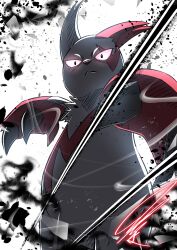 absurdres animal_hands black_claws black_eyes claws colored_skin creatures_(company) debris game_freak gen_3_pokemon glowing glowing_eyes grey_skin highres ink_splatter looking_at_viewer mitsukuma448 motion_lines nintendo no_humans pokemon pokemon_(creature) signature solo zangoose