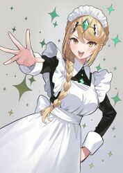 1girl absurdres alternate_costume alternate_hairstyle apron black_dress blonde_hair braid breasts chest_jewel collared_dress commentary_request core_crystal_(xenoblade) dress enmaided gem green322 green_gemstone grey_background hair_over_shoulder hand_on_own_hip highres large_breasts long_hair long_sleeves looking_at_viewer maid maid_apron maid_headdress mythra_(xenoblade) open_mouth outstretched_arm reaching reaching_towards_viewer sidelocks smile solo sparkle_background swept_bangs teeth tiara upper_teeth_only white_apron xenoblade_chronicles_(series) xenoblade_chronicles_2 yellow_eyes