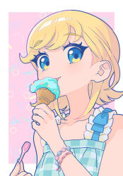 Rule 34 | aqua dress, bare arms, bare shoulders, ben-day dots, blonde hair, blue eyes, blush, border, bracelet, collarbone, colored lineart, commentary, dress, eating, food, hand up, himitsu no aipri, holding, holding food, holding ice cream, hoshikawa mitsuki, ice cream, jewelry, licking, medium hair, oshiri (o4ritarou), outside border, pink background, pretty series, screentones, symbol-only commentary, tongue, upper body, white border