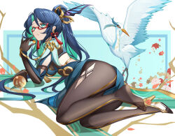 1girl absurdres animalization aqua_eyes aqua_hair bird blue_dress blue_hair bodystocking cloud_retainer_(genshin_impact) commentary_request crane_(animal) dress dual_persona feet genshin_impact glasses hand_up high_heels highres holding long_hair looking_at_viewer luai person_and_animalization ponytail red-framed_eyewear soles toes xianyun_(genshin_impact)