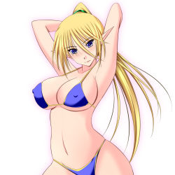 1girl bikini blonde_hair blue_eyes breasts cleavage elf female_focus futami_masaki large_breasts long_hair original pointy_ears ponytail simple_background solo swimsuit white_background
