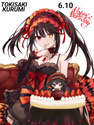 1girl birthday_cake black_thighhighs brown_hair cake character_name chibi crossed_legs date_a_live dated dress food frilled_dress frills happy_birthday heterochromia highres looking_at_viewer open_mouth red_dress red_eyes saint_laurent_paris smile solo thighhighs tokisaki_kurumi yellow_eyes