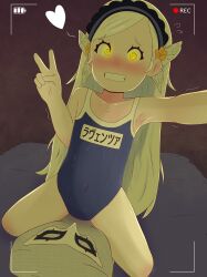 absurdres aged_down armpits atlus bare_shoulders battery_indicator bed blue_hairband blue_one-piece_swimsuit blush character_name collarbone covered_navel dakimakura_(object) embarrassed excited eyelashes feet_out_of_frame flat_chest glowing glowing_eyes grey_hair grin hairband hand_up highres indoors japanese_text lavenza_(persona_5) loli long_hair looking_at_viewer nervous nervous_smile nose nyayoko on_bed one-piece_swimsuit outstretched_arm persona persona_5 pillow recording selfie sitting smile swimsuit teeth trembling two-tone_one-piece_swimsuit v yellow_eyes