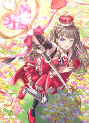 1girl ;d absurdres arched_crown asymmetrical_gloves asymmetrical_legwear bare_shoulders black_gloves black_pantyhose bow bow-shaped_hair bowtie breasts citrusmikan commentary crown dress drill_hair elbow_gloves fujishima_megumi full_body gloves heart-shaped_gem high_heels highres holding holding_staff large_breasts link!_like!_love_live! love_live! mismatched_gloves mismatched_legwear official_alternate_costume one_eye_closed open_mouth panties pantyhose pinstripe_dress pinstripe_pattern red_crown red_dress red_gloves red_shoes shoes single_elbow_glove sleeveless sleeveless_dress smile solo staff standing standing_on_one_leg striped_clothes striped_pantyhose twin_drills two_side_up underwear uneven_gloves vertical-striped_clothes vertical-striped_pantyhose virtual_youtuber white_panties yellow_bow yellow_bowtie zenhoi_kyun