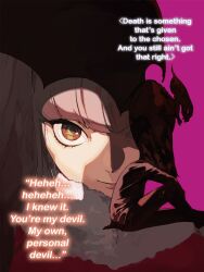 Rule 34 | 1boy, 1girl, black hair, black hairband, blunt bangs, bow, brown eyes, brown hair, capelet, dress bow, english text, fur-trimmed capelet, fur trim, hairband, highres, jacket, kurenaino aria, kusakabe kiryuu, leather, leather jacket, long hair, medium hair, non-web source, occultic;nine, official art, pako (pakosun), red capelet, science adventure, sitting