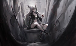 1girl absurdres alcohol animal_ear_fluff animal_ears arknights bandeau black_boots black_coat black_jacket black_nails black_shorts blood blood_on_clothes blood_on_face blood_splatter boots breasts coat cup dandandan668 drinking_glass fingerless_gloves gloves grey_bandeau grey_hair hair_between_eyes hair_ornament hairclip highres holding holding_cup jacket lappland_(arknights) long_hair long_sleeves looking_at_viewer material_growth nail_polish navel open_mouth oripathy_lesion_(arknights) scar scar_across_eye scar_on_face shorts sitting solo sword thighs weapon wide_sleeves wine wine_glass wolf_ears wolf_girl yellow_eyes