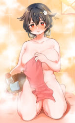 1girl armpit_crease artist_name barefoot black_hair blush bottle breasts bucket collarbone completely_nude convenient_censoring covering_privates curvy dated groin hair_between_eyes hair_flaps hair_ornament highres jingei_(kancolle) kantai_collection kirisawa_juuzou large_breasts long_hair looking_at_viewer nipples nose_blush nude nude_cover parted_lips red_eyes sitting smile solo steam tile_wall tiles towel wooden_bucket