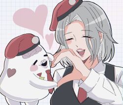 2boys alternate_form androgynous black_vest blush_stickers brain commentary dual_persona getsumen_(pst_moon) grey_hair grid_background half-heart_hands hat heart highres multiple_boys necktie nigou_(hundred_line) open_mouth red_hat red_necktie shirt short_hair symbol-only_commentary teeth the_hundred_line_-last_defense_academy- upper_teeth_only vest white_shirt