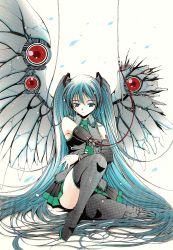 1girl bad_id bad_pixiv_id blue_hair breasts dragoon female_focus hatsune_miku highres long_hair moonsorrow sitting small_breasts solo thighhighs twintails very_long_hair vocaloid wings