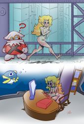 1boy 1girl ? artist_request bad_deviantart_id bad_id barefoot black_eyes blonde_hair blush breasts carpet chair clothed_male_nude_female collarbone completely_nude computer computer_keyboard covering_breasts covering_crotch covering_privates desk embarrassed eyelashes fat fat_man female_focus fingernails fish flag full_body gloves goggles hacking indoors invisible laboratory leaning_forward lipstick long_fingernails long_hair looking_at_another makeup mario_(series) medium_breasts monitor navel nibbles_(mario) nintendo nude paper_mario paper_mario:_the_thousand_year_door princess_peach public_indecency running sharp_teeth shiny_skin sidelocks small_breasts soles solid_eyes solid_oval_eyes streaking sweat sweatdrop teeth very_long_hair white_footwear white_gloves white_headwear x-naut