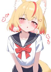 1girl absurdres animal_ears black_sailor_collar black_skirt blonde_hair bow bowtie bright_pupils colored_inner_hair cowboy_shot crop_top fox_ears fox_tail hair_ornament hairclip heart heavy_breathing highres looking_at_viewer midriff miniskirt multicolored_hair navel oldsickkim original parted_lips pleated_skirt red_bow red_bowtie red_eyes red_hair sailor_collar school_uniform serafuku shirt short_hair short_sleeves simple_background skirt solo streaked_hair sweat tail two-tone_hair white_background white_shirt