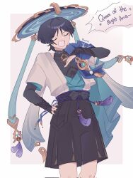 1boy armor artist_name belt black_belt black_bodysuit black_bow black_bridal_gauntlets black_hair black_shorts blue_cape blue_gemstone blue_hat blue_kimono blue_sleeves blunt_ends bodysuit bow bridal_gauntlets cape closed_eyes covered_collarbone diffraction_spikes english_text eyeliner eyeshadow facing_viewer furisode gem genshin_impact gold hair_intakes hakama hakama_shorts hand_on_own_chest hand_on_own_hip hat highres japanese_armor japanese_clothes jingasa juban kimono kote kurokote layered_sleeves makeup male_focus mandarin_collar music nxomii_herx open_clothes open_kimono open_mouth pleated_shorts purple_rope purple_sash red_eyeliner red_eyeshadow rope sash scaramouche_(genshin_impact) short_sleeves shorts shoulder_peek singing solo tassel vision_(genshin_impact) wanderer_(genshin_impact) white_kimono white_mouth white_sleeves white_trim wispy_bangs