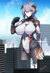 Rule 34 | 1girl, artist name, black bodysuit, blue sky, bodysuit, breasts, building, cameltoe, city, clenched hand, closed mouth, cloud, colossus (natsukaze shigure), covered erect nipples, covered navel, day, destruction, giant, giantess, green eyes, grey hair, hair between eyes, headgear, hexagon print, highres, huge breasts, impossible bodysuit, impossible clothes, large breasts, looking at viewer, magical girl, natsukaze shigure, original, outdoors, short hair, signature, skin tight, sky, skyscraper, solo, standing, variant set
