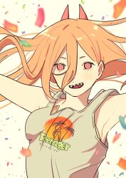1girl armpits breast_padding chainsaw_man commentary_request confetti cross-shaped_pupils english_text engrish_text grey_tank_top gurukousu hair_between_eyes highres horns open_mouth orange_hair outstretched_arms power_(chainsaw_man) ranguage red_eyes red_horns sharp_teeth smile solo symbol-shaped_pupils tank_top teeth upper_body