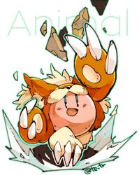 Rule 34 | blue eyes, blush, claws, debris, full body, green outline, kirby, kirby (series), looking at viewer, nintendo, no humans, open mouth, outline, running, simple background, solo, tetori, twitter username, white background