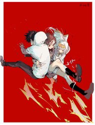 1boy 2girls black_hair black_pants bow bowtie brown_eyes brown_hair carrying carrying_multiple_people carrying_person electricity electrokinesis green_eyes highres hood hoodie index_(toaru_majutsu_no_index) kamijou_touma long_sleeves medium_hair misaka_mikoto multiple_girls nun pants qyzhiaiyisheng red_background red_bow red_bowtie safety_pin school_uniform shoes short_hair shorts shorts_under_skirt skirt socks spiked_hair toaru_majutsu_no_index toaru_majutsu_no_index:_new_testament tokiwadai_school_uniform white_hair white_hoodie winter_uniform