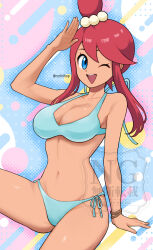 1girl ;d absurdres adapted_costume arm_up beads bikini blue_bikini blue_eyes breasts collarbone commentary_request eyelashes hair_beads hair_ornament happy highres navel nintendo one_eye_closed one_side_up open_mouth pokemon pokemon_masters_ex red_hair rurihikop side-tie_bikini_bottom sidelocks skyla_(pokemon) skyla_(summer_2025)_(pokemon) smile solo swimsuit teeth twitter_username upper_teeth_only watermark