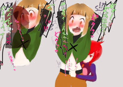 2girls absurdres capelet gardenia_(pokemon) green_capelet highres kiss mars_(pokemon) midriff midriff_fetish midriff_stimulation multicolored_hair multiple_girls navel navel_fetish navel_stimulation navel_tickling nintendo orange_eyes orange_hair pokemon red_eyes red_hair restrained surufoniamido tickling tickling_midriff tickling_navel yuri