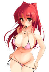 Rule 34 | 1girl, bare arms, bare shoulders, bikini, bikini pull, black bow, bow, breasts, brown eyes, cleavage, closed mouth, clothes pull, collarbone, cowboy shot, eyebrows, female focus, groin, hair between eyes, kousaka tamaki, large breasts, long hair, looking at viewer, mouth hold, navel, pulling own clothes, red hair, smile, solo, standing, stomach, swimsuit, tareme, thigh gap, to heart (series), to heart 2, twintails, untied bikini, very long hair, zekkyon