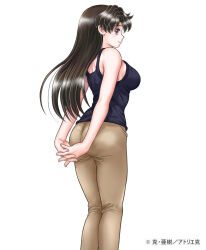Rule 34 | 1girl, arms behind back, ass, black hair, black shirt, breasts, brown pants, closed mouth, from behind, futari ecchi, katsu aki, large breasts, long hair, looking back, onoda yura, own hands together, pants, purple eyes, shirt, simple background, sleeveless, smile, solo, standing, tank top, white background