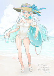 1girl bare_shoulders beach blue_eyes blue_innertube breasts cleavage cloud commentary commissioner_name covered_navel cup disposable_cup drinking_straw frilled_one-piece_swimsuit frills full_body hair_ornament hairclip hat highres holding holding_cup holding_swim_ring innertube long_hair looking_at_viewer mayuri_kaichou medium_breasts ocean one-piece_swimsuit open_mouth original outdoors solo straw_hat swim_ring swimsuit thank_you thighs white_hair white_one-piece_swimsuit yukino_(chontz)