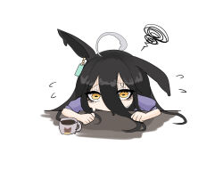 1girl absurdres ahoge arms_on_table bags_under_eyes coffee cup ear_tag earrings flying_sweatdrops hair_between_eyes hair_spread_out highres hot jewelry long_bangs long_hair long_hair_between_eyes manhattan_cafe_(umamusume) melting mug multicolored_hair no_mouth puffy_short_sleeves puffy_sleeves purple_shirt shirt short_sleeves simple_background single_earring solo squiggle subaratowa sweat turn_pale umamusume very_long_hair white_background white_hair yellow_eyes