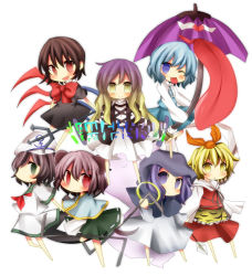 6+girls :p animal_ears bad_id bad_pixiv_id black_hair black_legwear blonde_hair blue_eyes blue_hair chibi dress everyone female_focus gradient_hair green_eyes grey_hair hair_ornament hat heterochromia hijiri_byakuren hood houjuu_nue karakasa_obake kumoi_ichirin long_hair mouse_ears mouse_tail multicolored_hair multiple_girls murasa_minamitsu nazrin pasutel red_eyes sailor sailor_collar sailor_hat scroll short_hair sorcerer&#039;s_sutra_scroll tail tatara_kogasa thighhighs tongue tongue_out toramaru_shou touhou umbrella undefined_fantastic_object wings yellow_eyes zettai_ryouiki