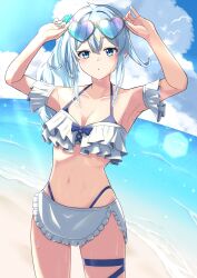 :o absurdres adjusting_eyewear apron arm_up armband beach bikini blue_eyes blue_hair breasts chicken_tyn cleavage cloud collarbone eyewear_on_head frilled_armband frilled_bikini frilled_skirt frills glasses hair_between_eyes heart heart-shaped_eyewear highres medium_breasts navel nijisanji ocean ruffle_bikini skindentation skirt swimsuit thigh_strap thighs virtual_youtuber waist_apron wet yukishiro_mahiro