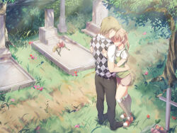 1boy 1girl ahoge amputee argyle_clothes argyle_sweater_vest artist_request black_shoes blonde_hair brown_hair brown_shorts crying day double_amputee flower game_cg grass graveyard green_tank_top grey_pants hair_bobbles hair_ornament hug ibarazaki_emi katawa_shoujo kneehighs legless_amputee long_hair nakai_hisao non-web_source official_alternate_costume official_art outdoors pants prosthesis prosthetic_leg red_shoes shirt shoes short_hair short_sleeves shorts socks standing sweater_vest tank_top tombstone tree white_shirt white_socks