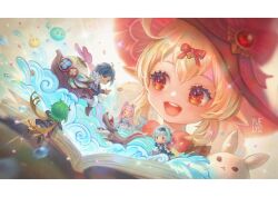 Rule 34 | 1boy, 4girls, :d, artist logo, blonde hair, blue hair, book, bow, bowtie, chibi, collei (genshin impact), double-parted bangs, eula (genshin impact), eyepatch, genshin impact, green hair, hair bow, hashtag-only commentary, hat, kaeya (genshin impact), klee (blossoming starlight) (genshin impact), klee (genshin impact), letterboxed, logo, looking at another, medium hair, multiple girls, open book, open mouth, orange eyes, pink hair, pointy ears, pop-up book, portrait, red bow, red bowtie, red hat, sangonomiya kokomi, ship, sitting, smile, teeth, upper teeth only, watercraft, waves, witch hat, yuelycia