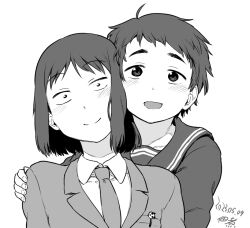 2girls :d blush close-up closed_mouth collared_shirt commentary_request constricted_pupils dated forehead greyscale hands_on_another&#039;s_shoulders jacket looking_at_viewer monochrome multiple_girls necktie open_mouth original sailor_collar shirt short_hair signature simple_background smile suit_jacket tsukudani_(coke-buta) very_short_hair white_background