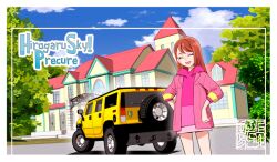 1girl brown_hair car closed_eyes commentary_request copyright_name eyelashes happy hijiri_ageha hirogaru_sky!_precure hood hoodie hummer_h2 jacket kamikita_futago long_hair looking_at_viewer motor_vehicle official_art pink_hoodie pink_jacket precure shoshinsha_mark smile solo spare_tire sports_utility_vehicle standing unused_tire yellow_car