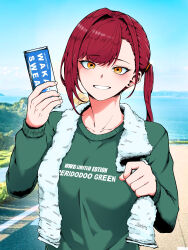 Rule 34 | 1girl, 21gh, absurdres, arm up, castle knight charlotte, collarbone, drink, green shirt, highres, holding, long sleeves, ocean, ponytail, red hair, shirt, sky, solo, towel, towel around neck, virtual youtuber, waktaverse, yellow eyes