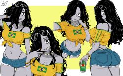 1girl absurdres alternate_skin_color artist_logo ass bags_under_eyes bead_necklace beads bikini bikini_under_clothes black_bikini black_eyes black_hair border bracelet brazilian_flag brazilian_flag_print brazilian_miku brazilian_miku_(cosplay) brazilian_sadako breasts can colored_skin commentary cosplay cowboy_shot crop_top cropped_legs denim denim_shorts earrings english_commentary eyewear_on_head flag_print ghost ghost_girl gold_bracelet gold_earrings green_trim grey_skin guarana_antarctica hair_over_one_eye hatsune_miku highres holding holding_can jewelry logo long_hair lowleg lowleg_shorts lughost messy_hair midriff multiple_bracelets multiple_views navel navel_piercing necklace pale_skin piercing print_shirt ringed_eyes shirt short_shorts shorts signature sunglasses swimsuit the_ring tied_shirt tongue tongue_out vocaloid white-framed_eyewear white_border yamamura_sadako yellow_background yellow_shirt