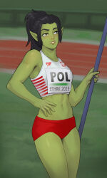 1girl abs bare_arms bare_legs bare_shoulders black_hair breasts buruma colored_skin commentary cowboy_shot crop_top day english_commentary ethrkart fangs female_orc green_skin hand_on_own_hip highres light_blush midriff navel orc original outdoors parted_lips pointy_ears ponytail racetrack red_buruma small_breasts smile solo toned toned_female underbite