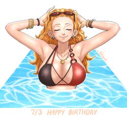 1girl absurdres alternate_costume armpits arms_behind_head arms_up astraphi bangle bare_shoulders bead_bracelet beads bikini birthday black_bikini blush bracelet breasts cleavage closed_eyes closed_mouth collarbone dated earrings eyewear_on_head facing_viewer glint hair_slicked_back happy_birthday highres jewelry large_breasts log_pose long_hair multicolored_bikini nami_(one_piece) necklace one_piece orange_hair partially_submerged red_bikini shoulder_tattoo signature smile solo straight_hair sunglasses swimsuit tattoo two-tone_bikini upper_body water wavy_hair