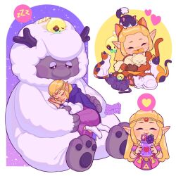 1girl animal_ears artist_name blonde_hair bloominflowers brown_gloves cat cat_ears circlet cloak closed_eyes conde dress gloves hood hooded_cloak long_hair multiple_views nintendo official_alternate_costume pink_dress pink_shirt pointy_ears ponytail princess_zelda purple_cloak sheep shirt smile socks the_legend_of_zelda the_legend_of_zelda:_echoes_of_wisdom tri_(zelda) two-tone_dress white_dress white_socks zzz