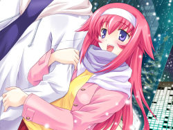1boy 1girl :d arm_hug blue_eyes game_cg kamina_sana mutsumi_masato open_mouth pink_hair shimaima. smile snow tagme yuuki_asuma
